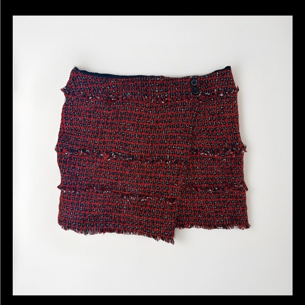 CARLISLE Wool Blend Wrap Mini Skirt Women Size 18 Classic Fringe Red Black White